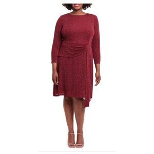 London Times Womens Red Metallic Long Sleeve Drape Waist Dress Plus Sz 22W New